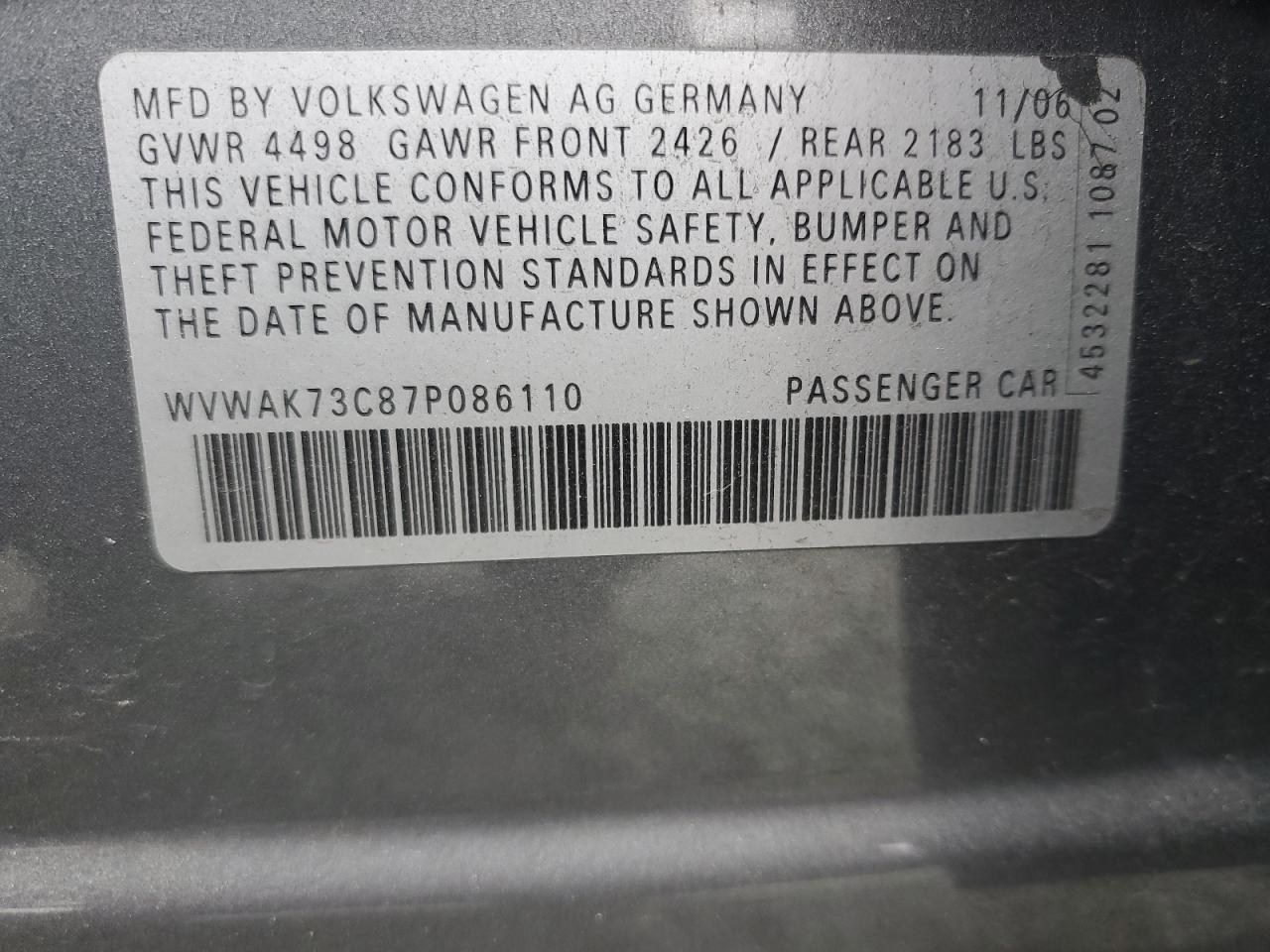 2007 Volkswagen Passat 2.0T VIN: WVWAK73C87P086110 Lot: 52912375