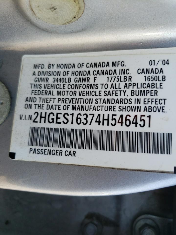 2004 Honda Civic Dx Vp VIN: 2HGES16374H546451 Lot: 55057855
