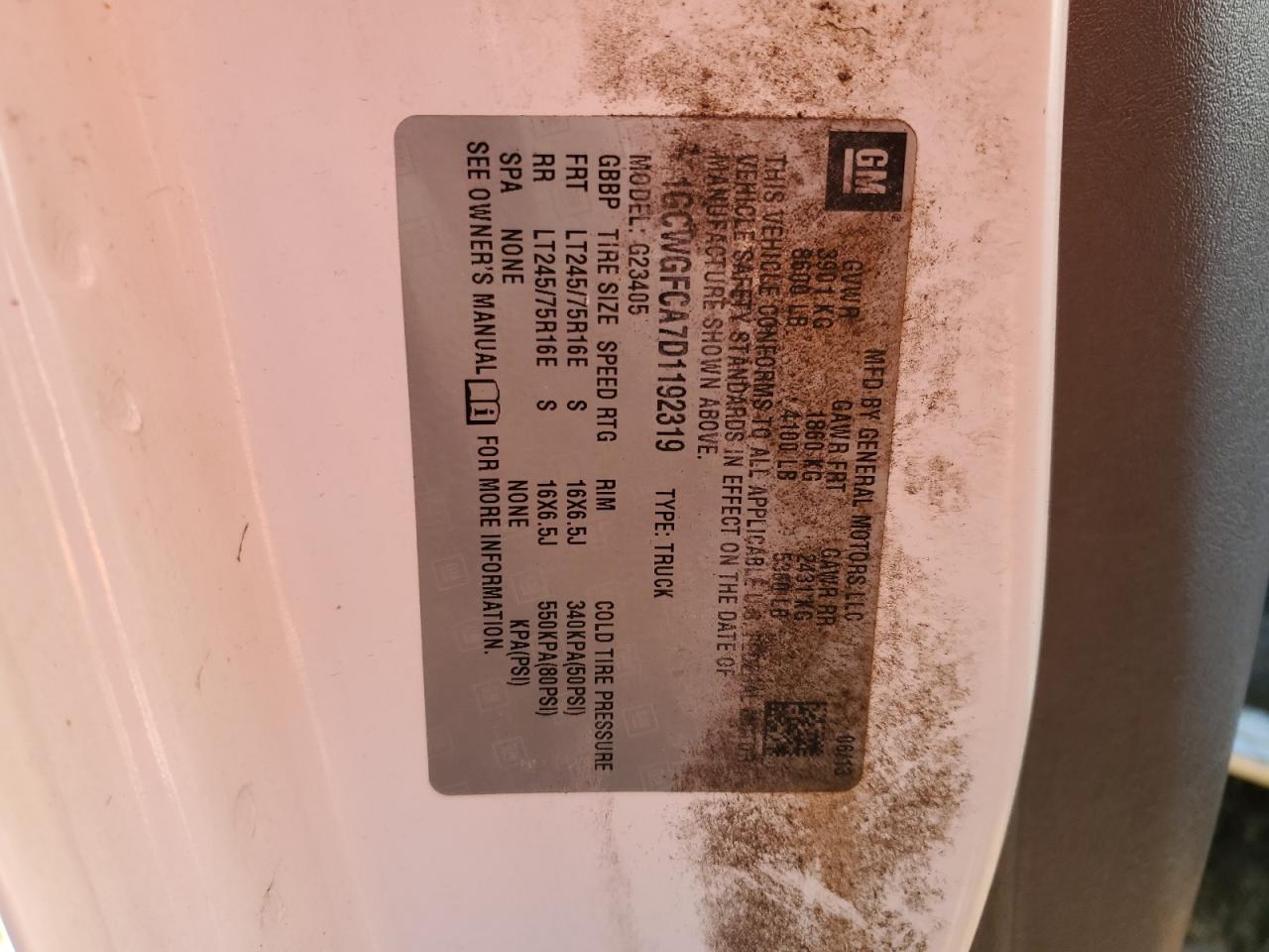 2013 Chevrolet Express G2500 VIN: 1GCWGFCA7D1192319 Lot: 52378555