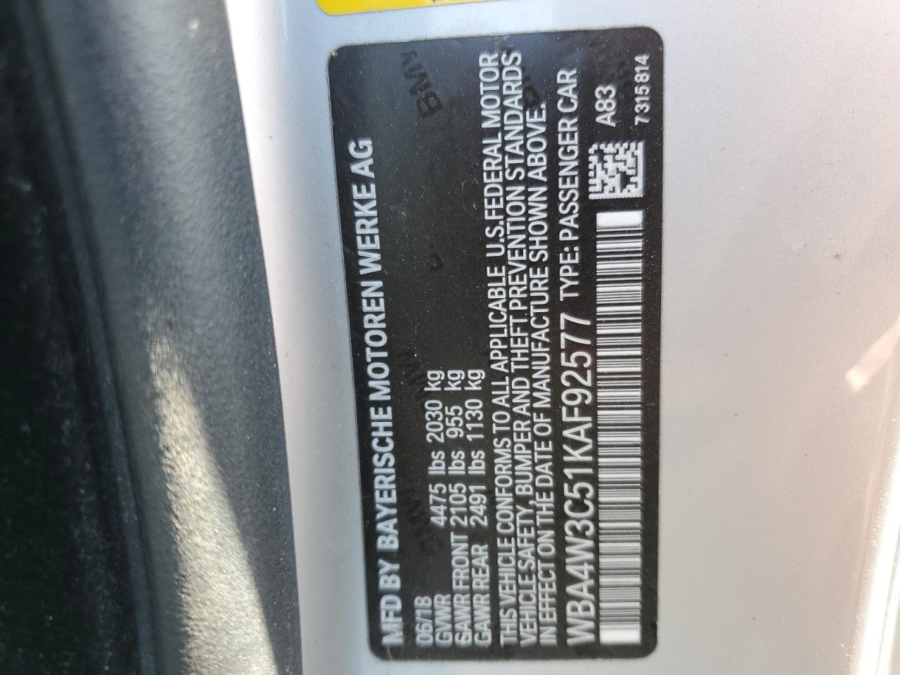 2019 BMW 430I VIN: WBA4W3C51KAF92577 Lot: 53159445