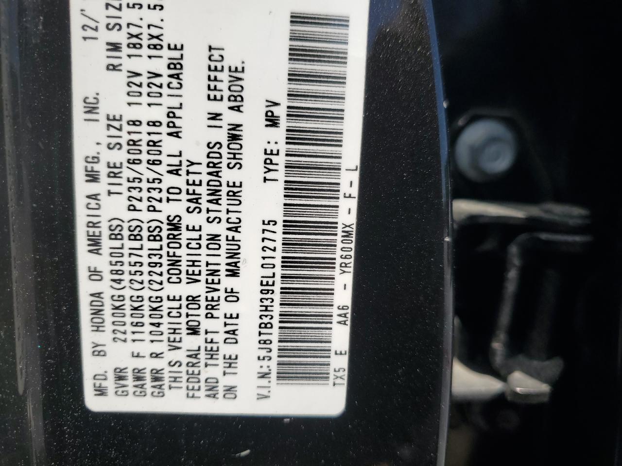 2014 Acura Rdx VIN: 5J8TB3H39EL012775 Lot: 53316155