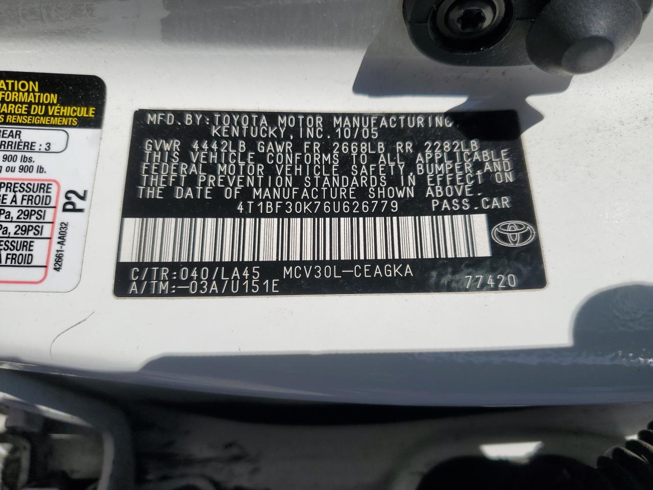 2006 Toyota Camry Le VIN: 4T1BF30K76U626779 Lot: 54928535