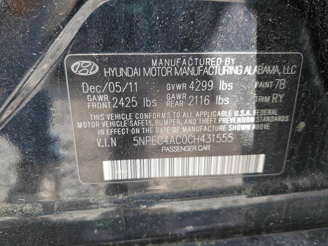2012 Hyundai Sonata Se VIN: 5NPEC4AC0CH431555 Lot: 51780895