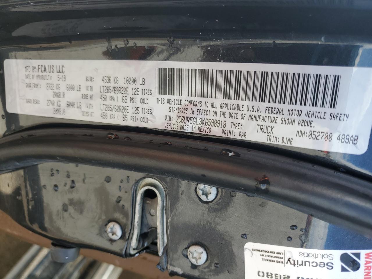2019 Ram 2500 Longhorn VIN: 3C6UR5GL3KG598918 Lot: 55233535