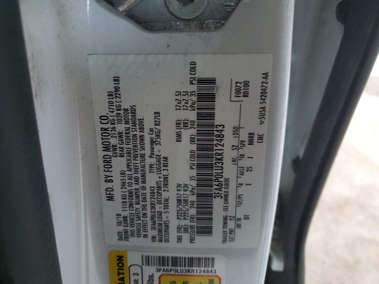 2019 Ford Fusion Se VIN: 3FA6P0LU3KR124843 Lot: 54038715