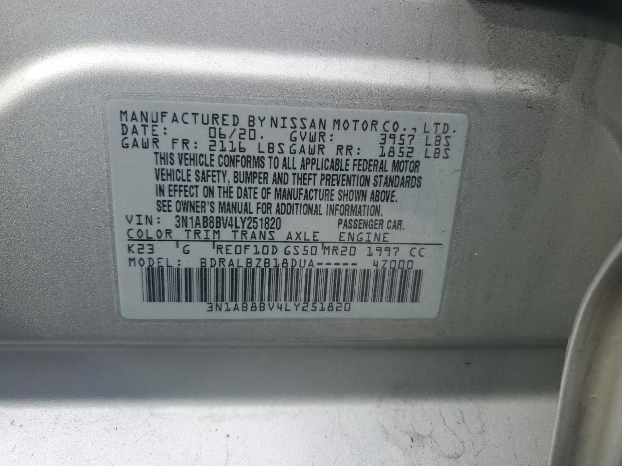 3n1ab8bv4ly251820 3N1AB8BV4LY251820 2020 Nissan Sentra S