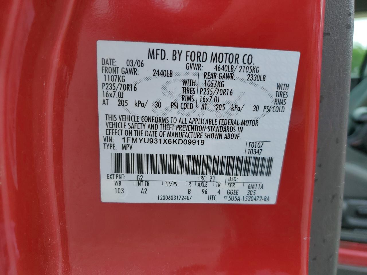 2006 Ford Escape Xlt VIN: 1FMYU931X6KD09919 Lot: 54403305