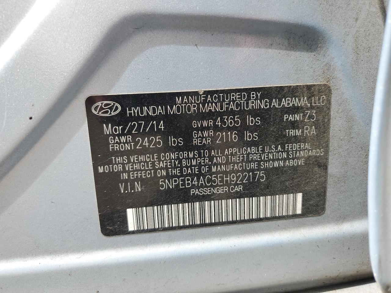2014 Hyundai Sonata Gls VIN: 5NPEB4AC5EH922175 Lot: 52581525