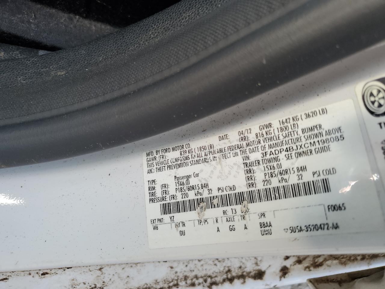 2012 Ford Fiesta Se VIN: 3FADP4BJXCM198085 Lot: 54452835
