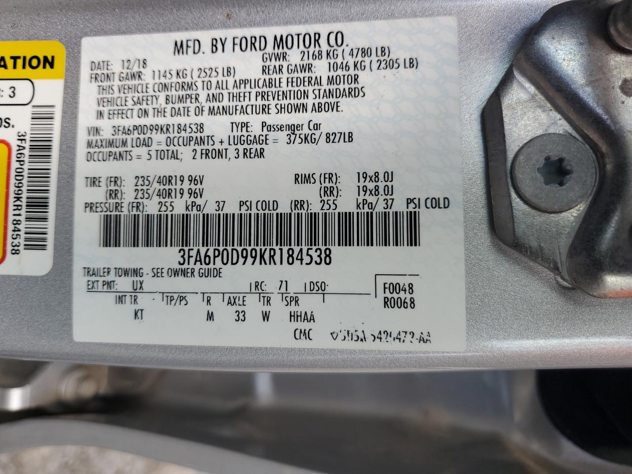 2019 Ford Fusion Titanium VIN: 3FA6P0D99KR184538 Lot: 54072795