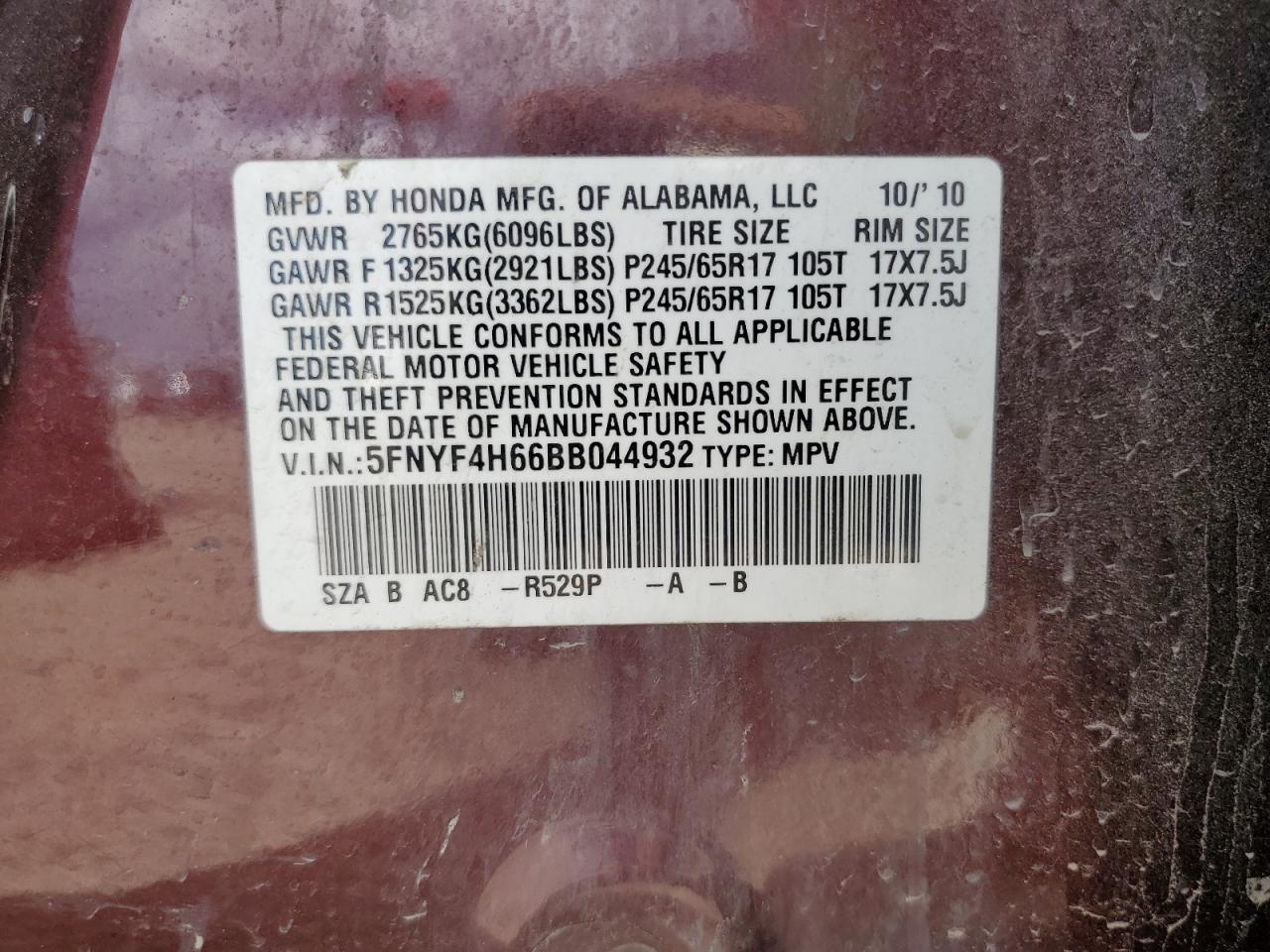 2011 Honda Pilot Exl VIN: 5FNYF4H66BB044932 Lot: 54424935