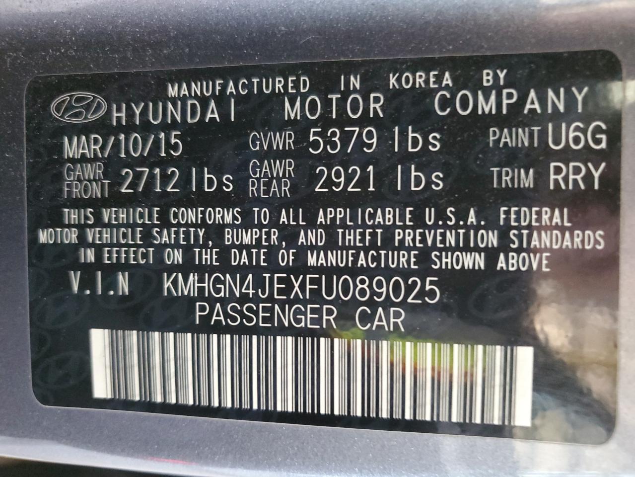 2015 Hyundai Genesis 3.8L VIN: KMHGN4JEXFU089025 Lot: 55453065