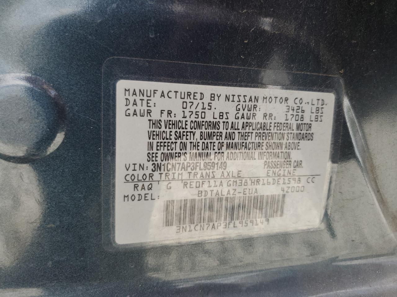 2015 Nissan Versa S VIN: 3N1CN7AP3FL959149 Lot: 53372235
