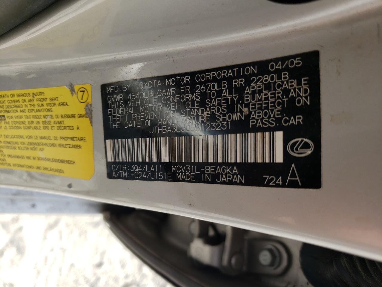 2005 Lexus Es 330 VIN: JTHBA30G055123231 Lot: 53623455