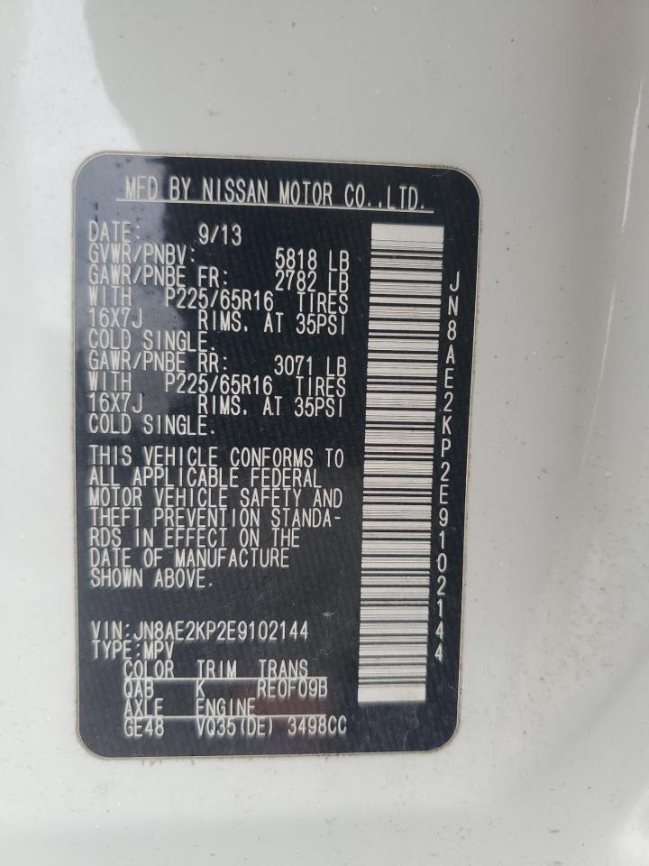 2014 Nissan Quest S VIN: JN8AE2KP2E9102144 Lot: 54987275