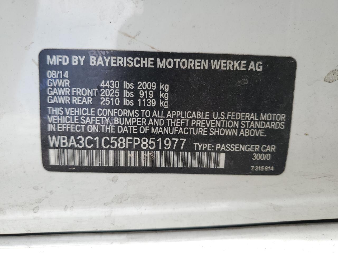 2015 BMW 328 I Sulev VIN: WBA3C1C58FP851977 Lot: 52918995