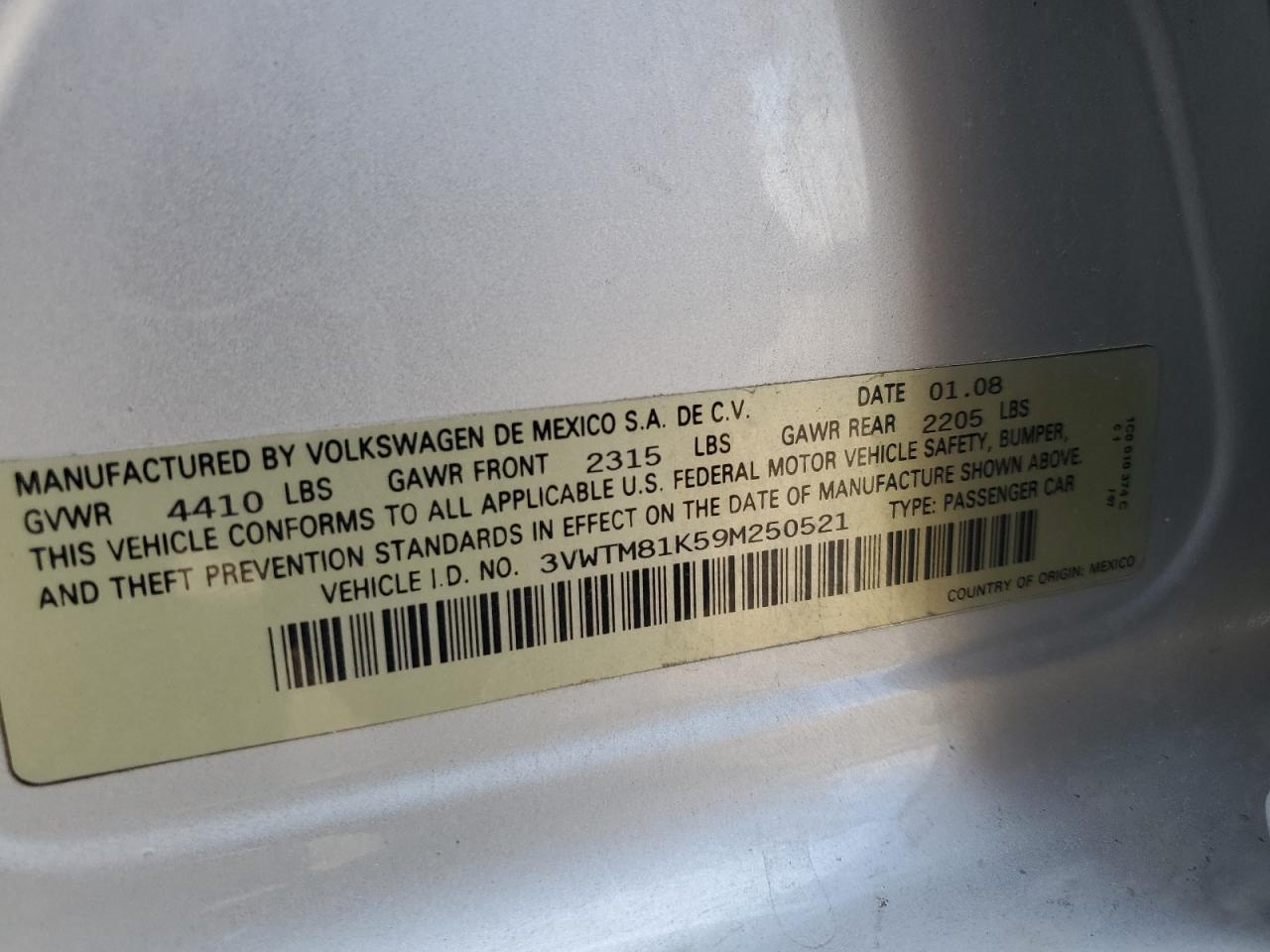 2009 Volkswagen Jetta Se VIN: 3VWTM81K59M250521 Lot: 51952285