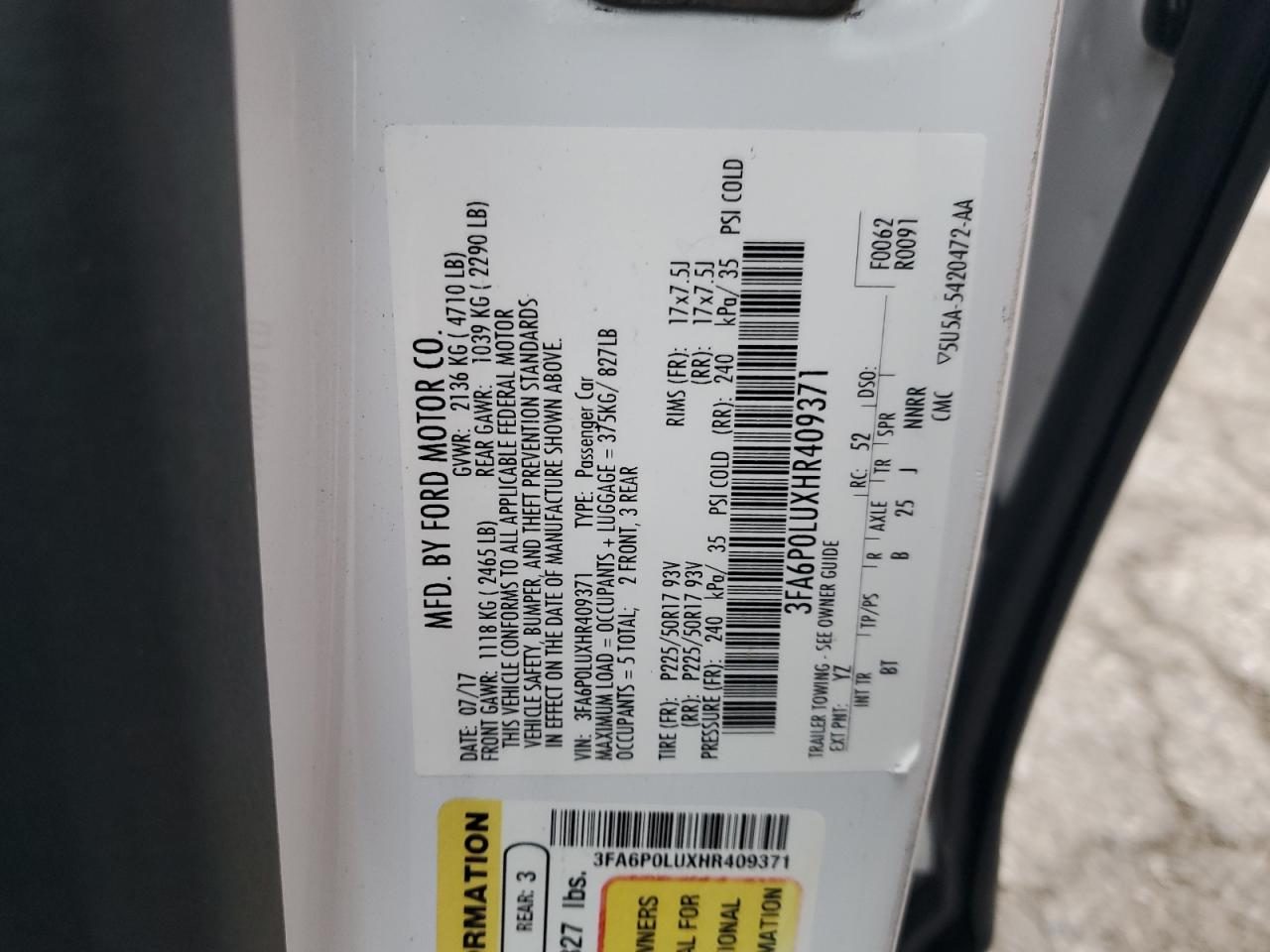 2017 Ford Fusion Se Hybrid VIN: 3FA6P0LUXHR409371 Lot: 54026895