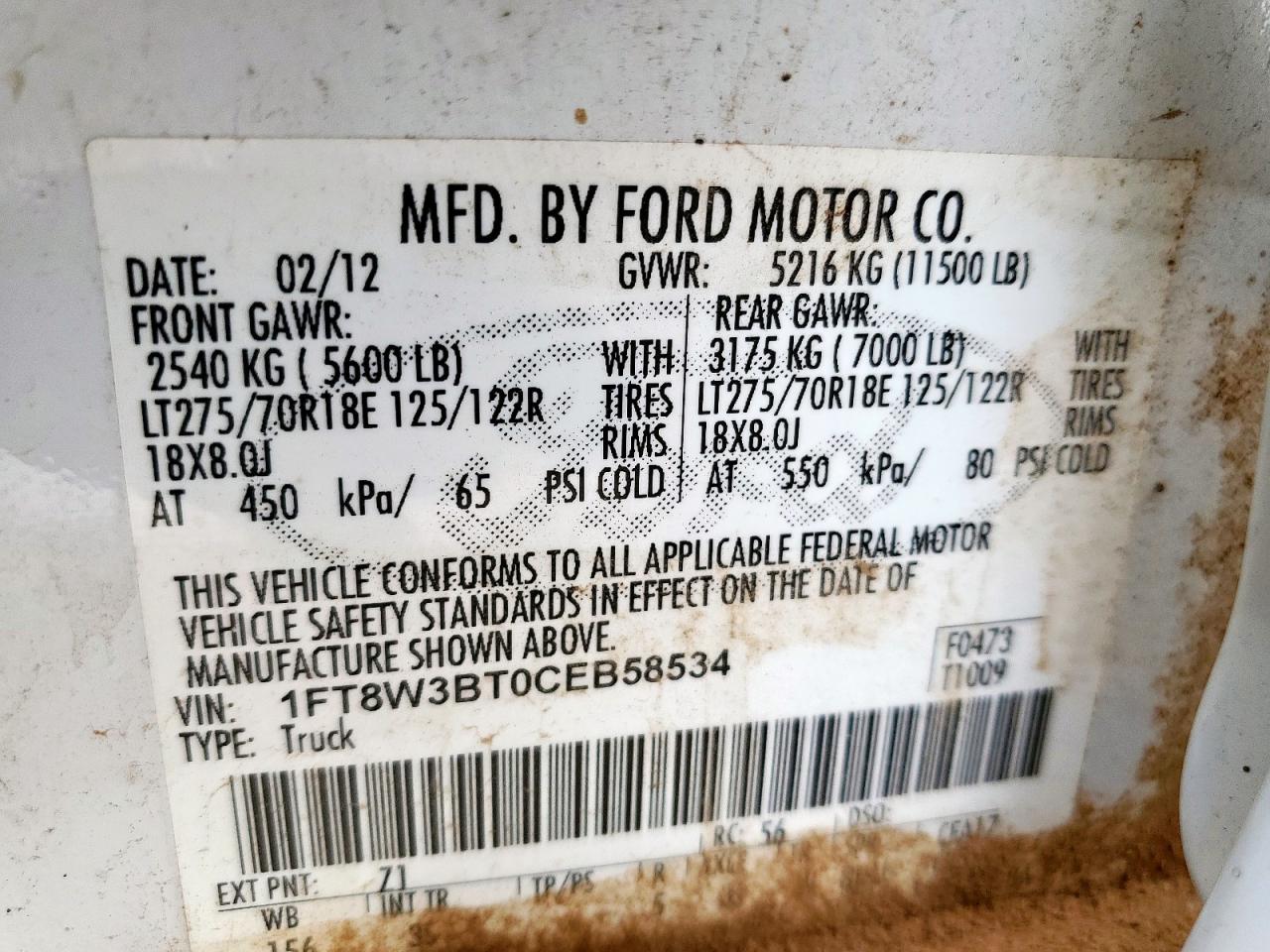 2012 Ford F350 Super Duty VIN: 1FT8W3BT0CEB58534 Lot: 50963035