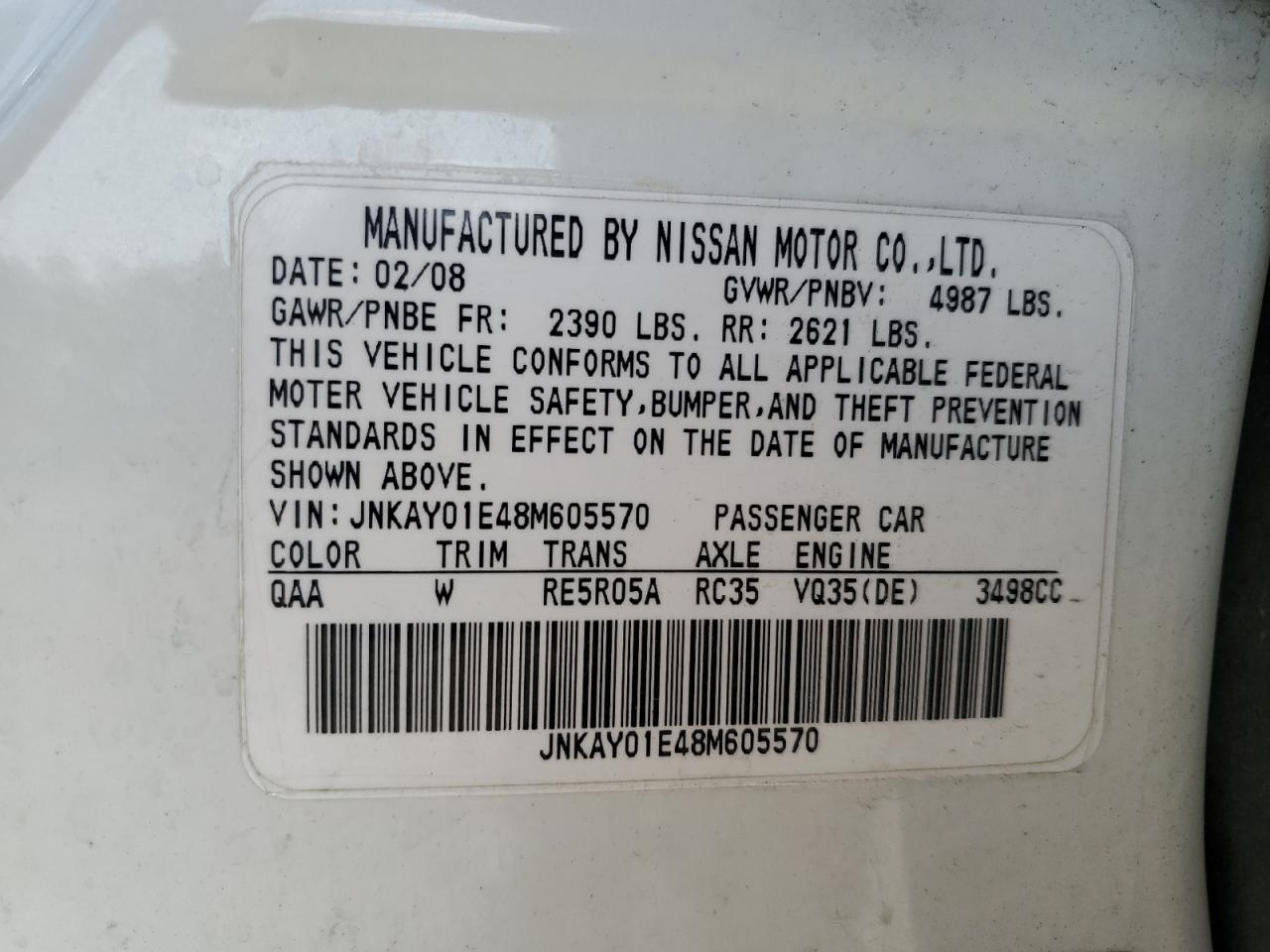 2008 Infiniti M35 Base VIN: JNKAY01E48M605570 Lot: 53136005