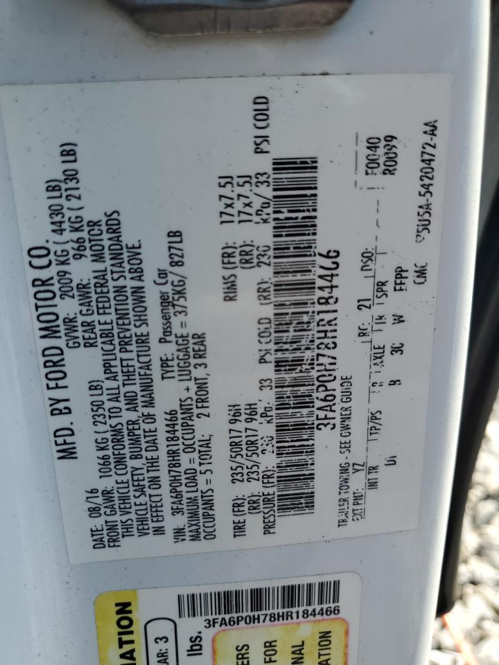 2017 Ford Fusion Se VIN: 3FA6P0H78HR184466 Lot: 53900355