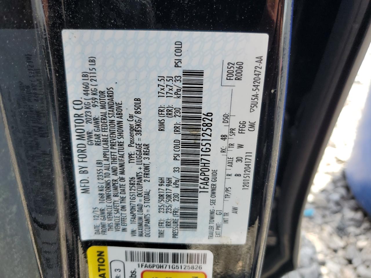 2016 Ford Fusion Se VIN: 1FA6P0H71G5125826 Lot: 54702735