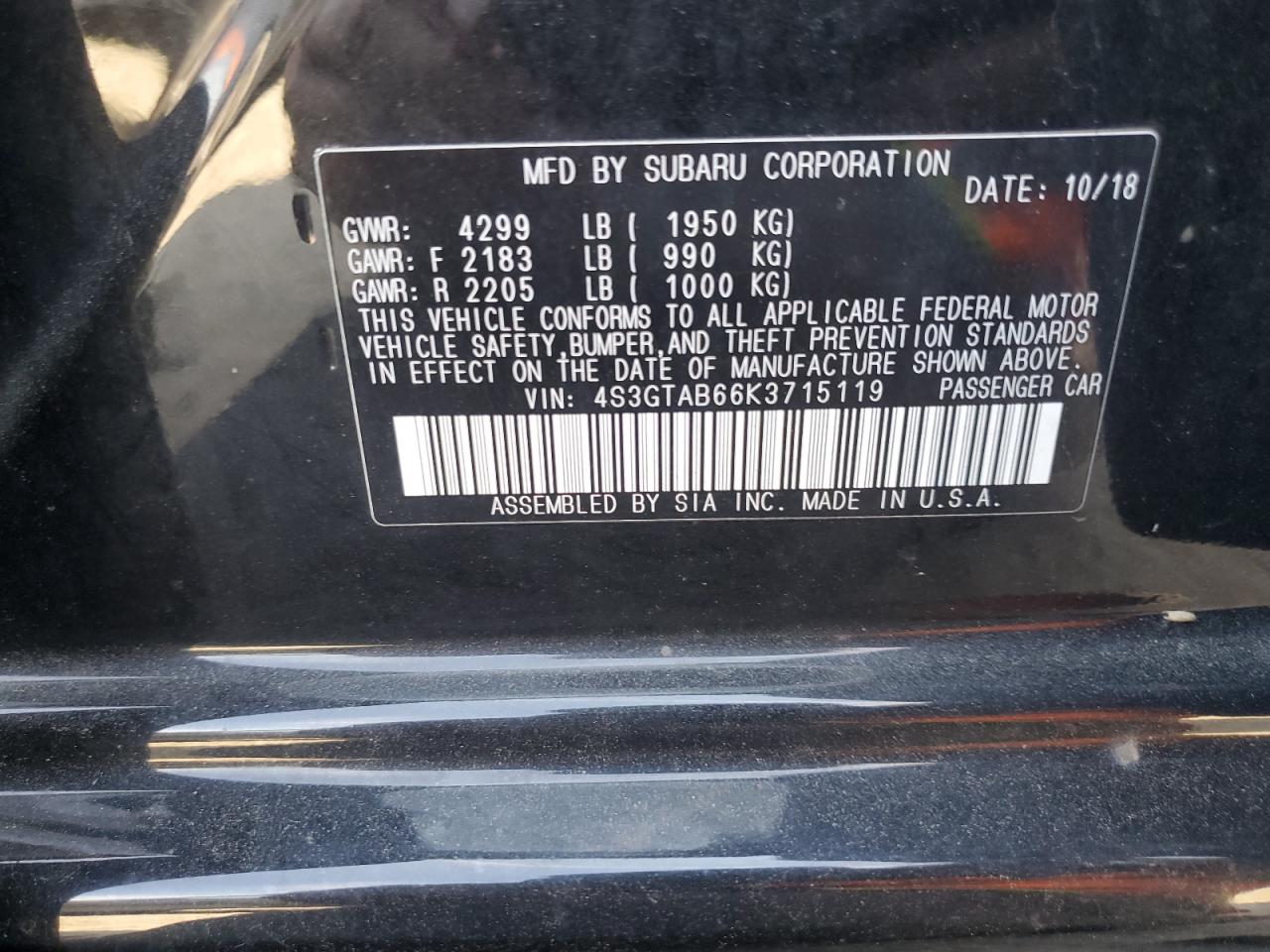 2019 Subaru Impreza VIN: 4S3GTAB66K3715119 Lot: 53530575