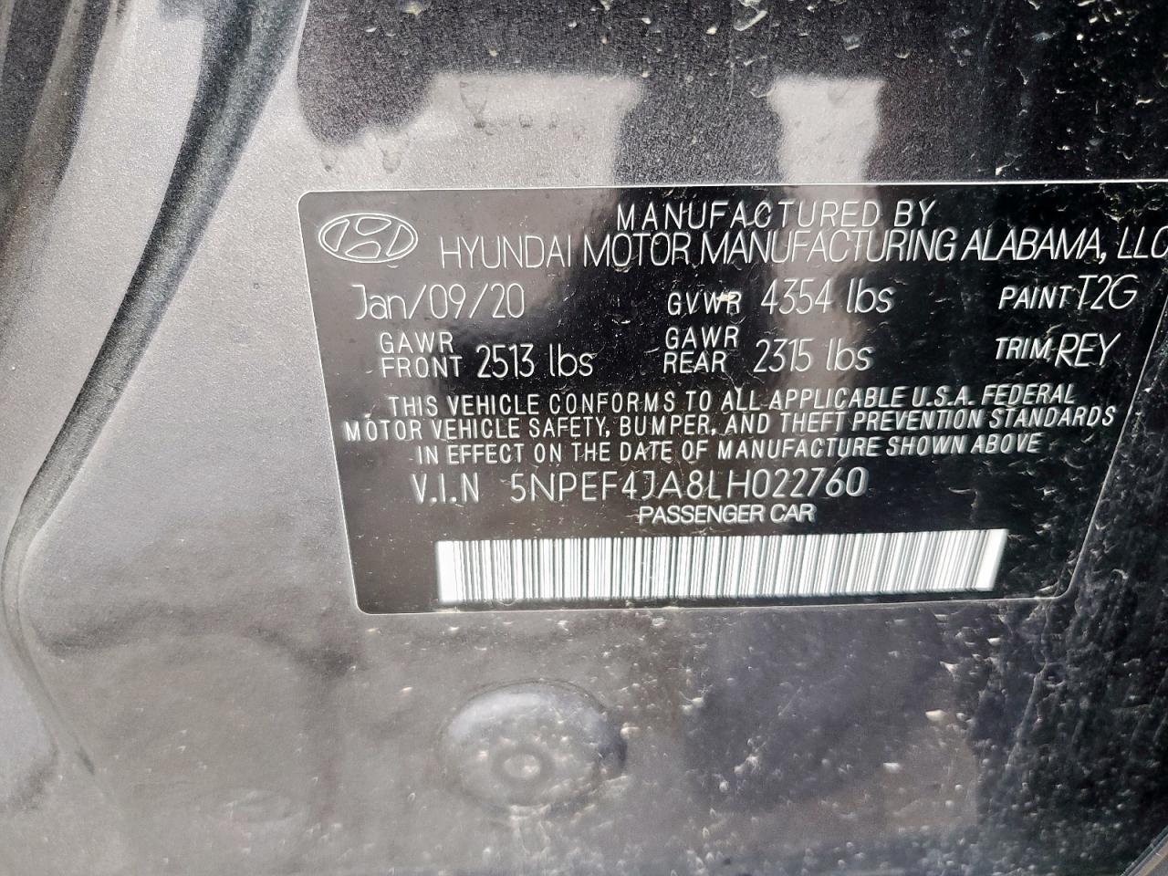 2020 Hyundai Sonata Sel VIN: 5NPEF4JA8LH022760 Lot: 54859015