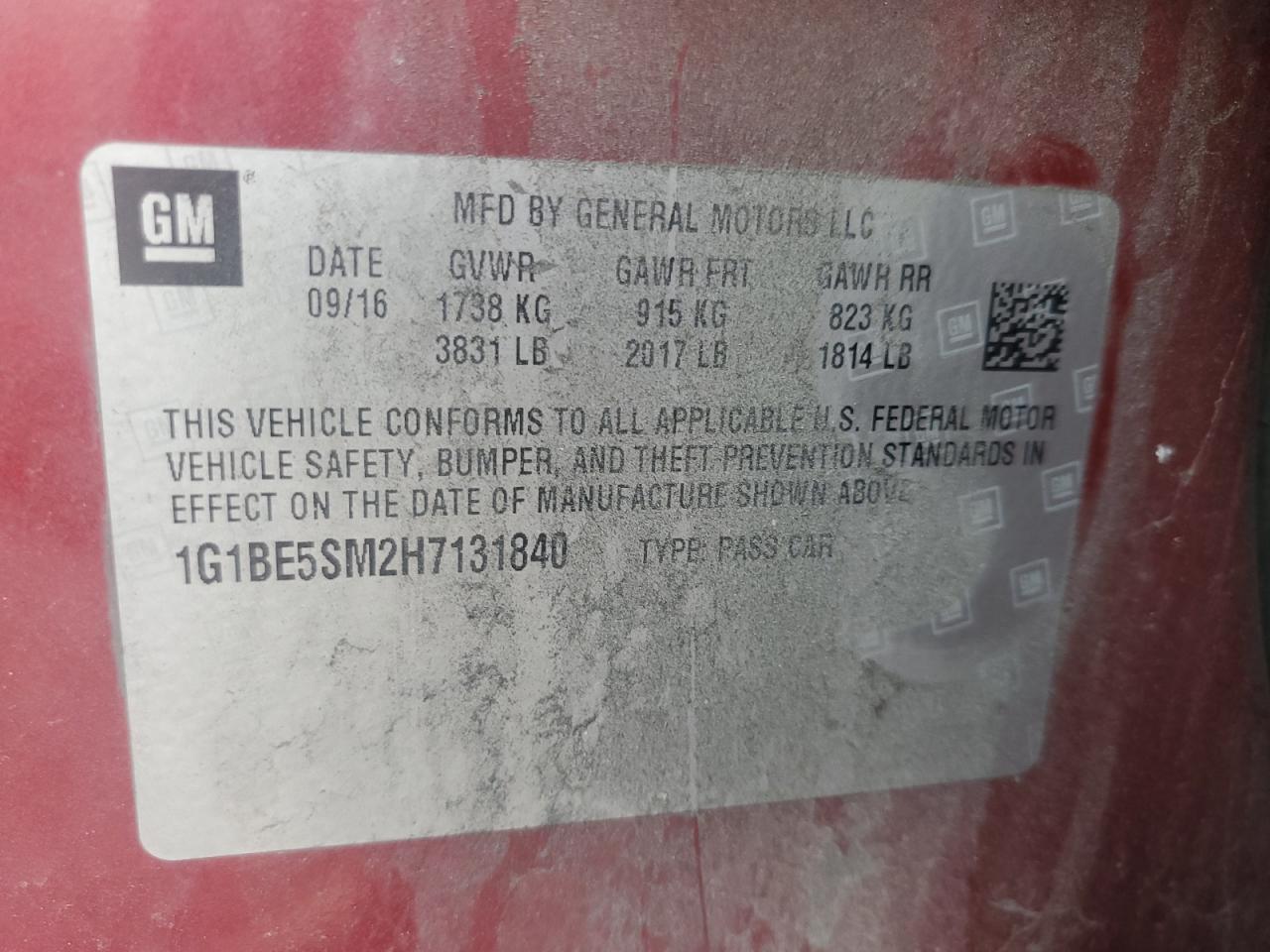 2017 Chevrolet Cruze Lt VIN: 1G1BE5SM2H7131840 Lot: 54429785