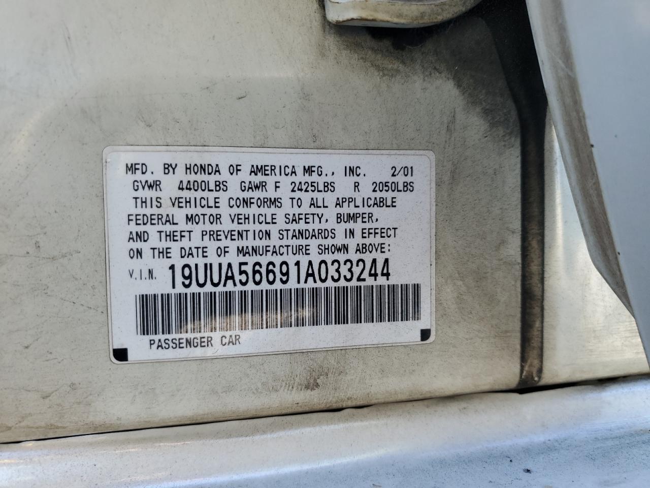 2001 Acura 3.2Tl VIN: 19UUA56691A033244 Lot: 51870855