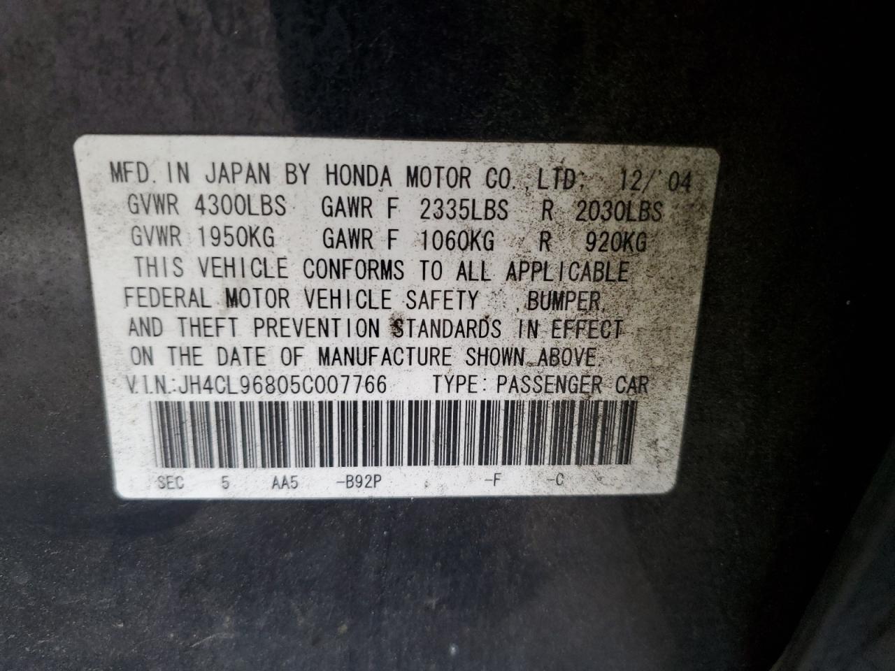 2005 Acura Tsx VIN: JH4CL96805C007766 Lot: 54233205