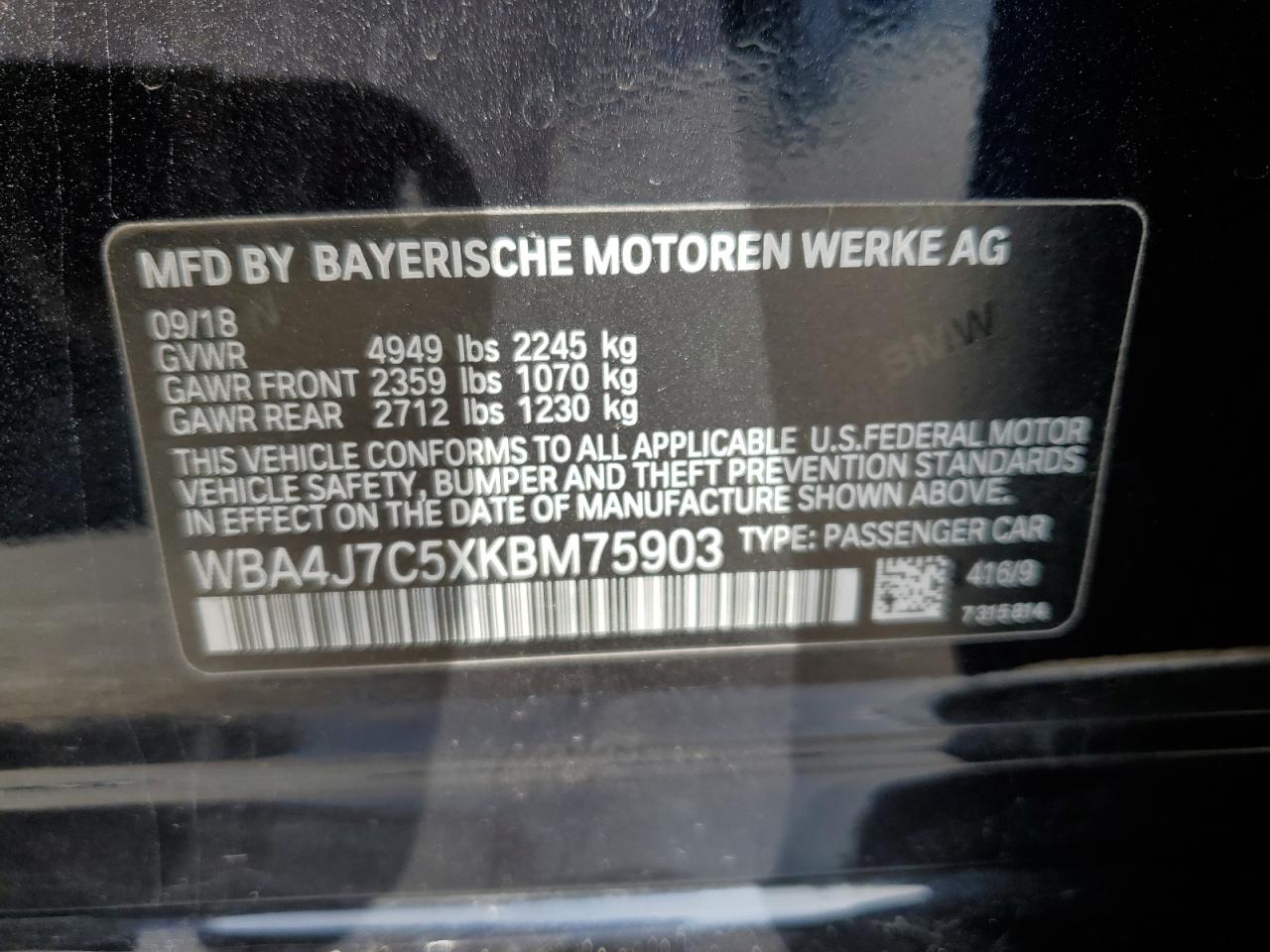2019 BMW 440Xi Gran Coupe VIN: WBA4J7C5XKBM75903 Lot: 52015485