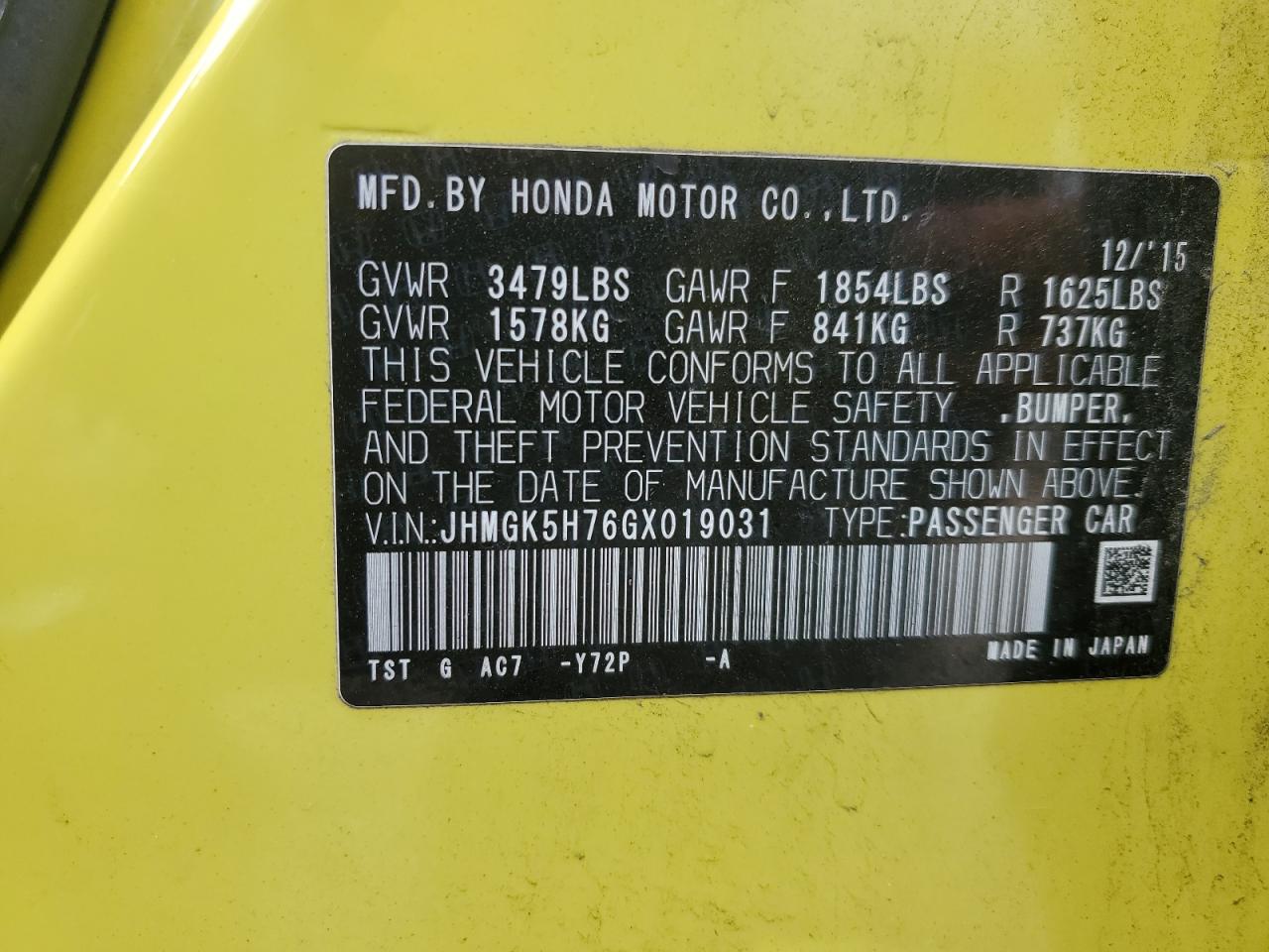 2016 Honda Fit Ex VIN: JHMGK5H76GX019031 Lot: 71158615