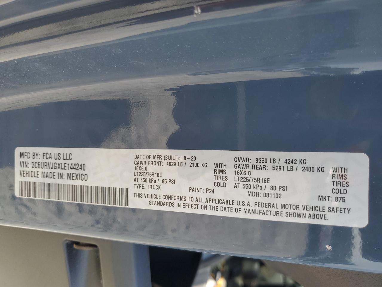 2020 Ram Promaster 3500 3500 High VIN: 3C6URVJGXLE144240 Lot: 53733245