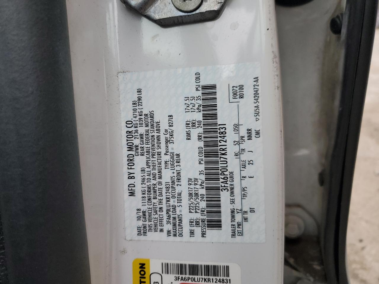 2019 Ford Fusion Se VIN: 3FA6P0LU7KR124831 Lot: 54152795