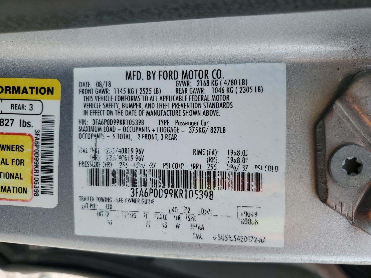 2019 Ford Fusion Titanium VIN: 3FA6P0D99KR105398 Lot: 54786845