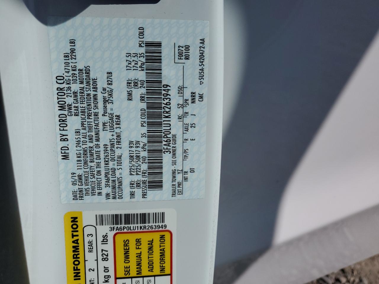 2019 Ford Fusion Se VIN: 3FA6P0LU1KR263949 Lot: 54024895