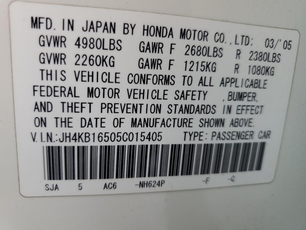 2005 Acura Rl VIN: JH4KB16505C015405 Lot: 54626205