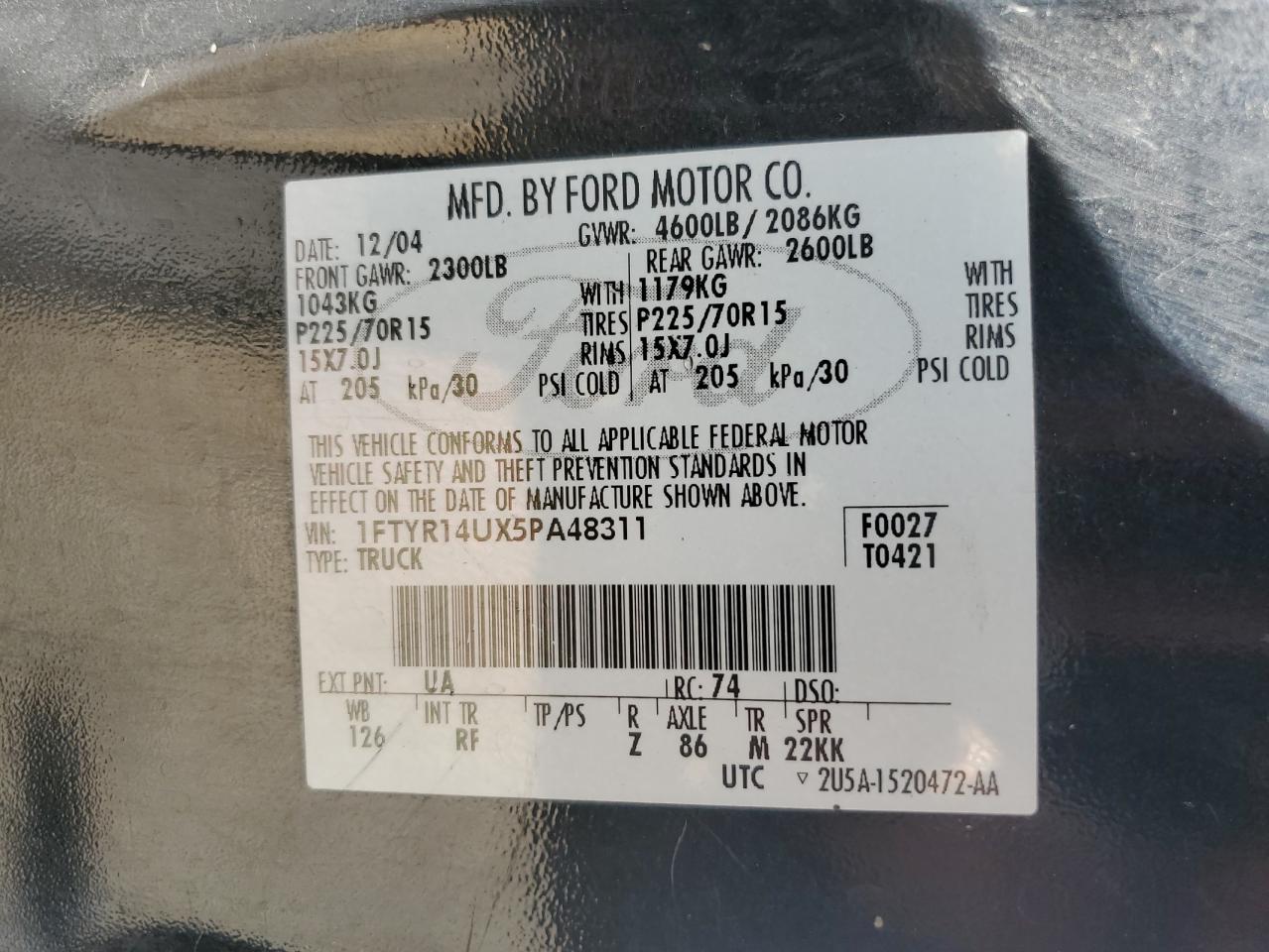 2005 Ford Ranger Super Cab VIN: 1FTYR14UX5PA48311 Lot: 54598435