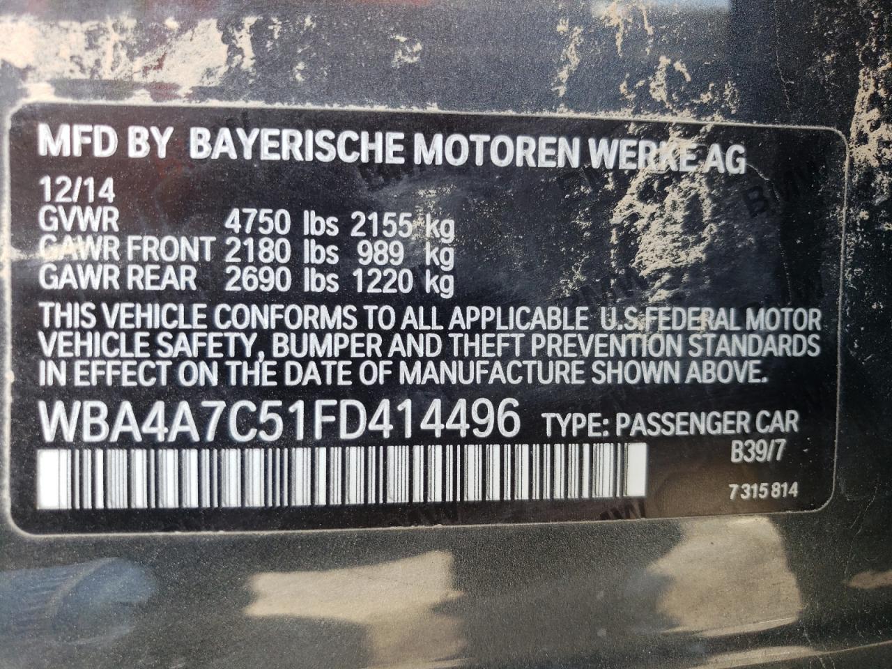 2015 BMW 428 Xi Gran Coupe VIN: WBA4A7C51FD414496 Lot: 53422295