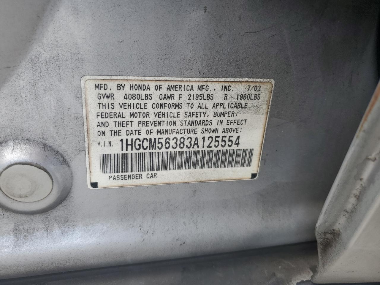 2003 Honda Accord Lx VIN: 1HGCM56383A125554 Lot: 54224855