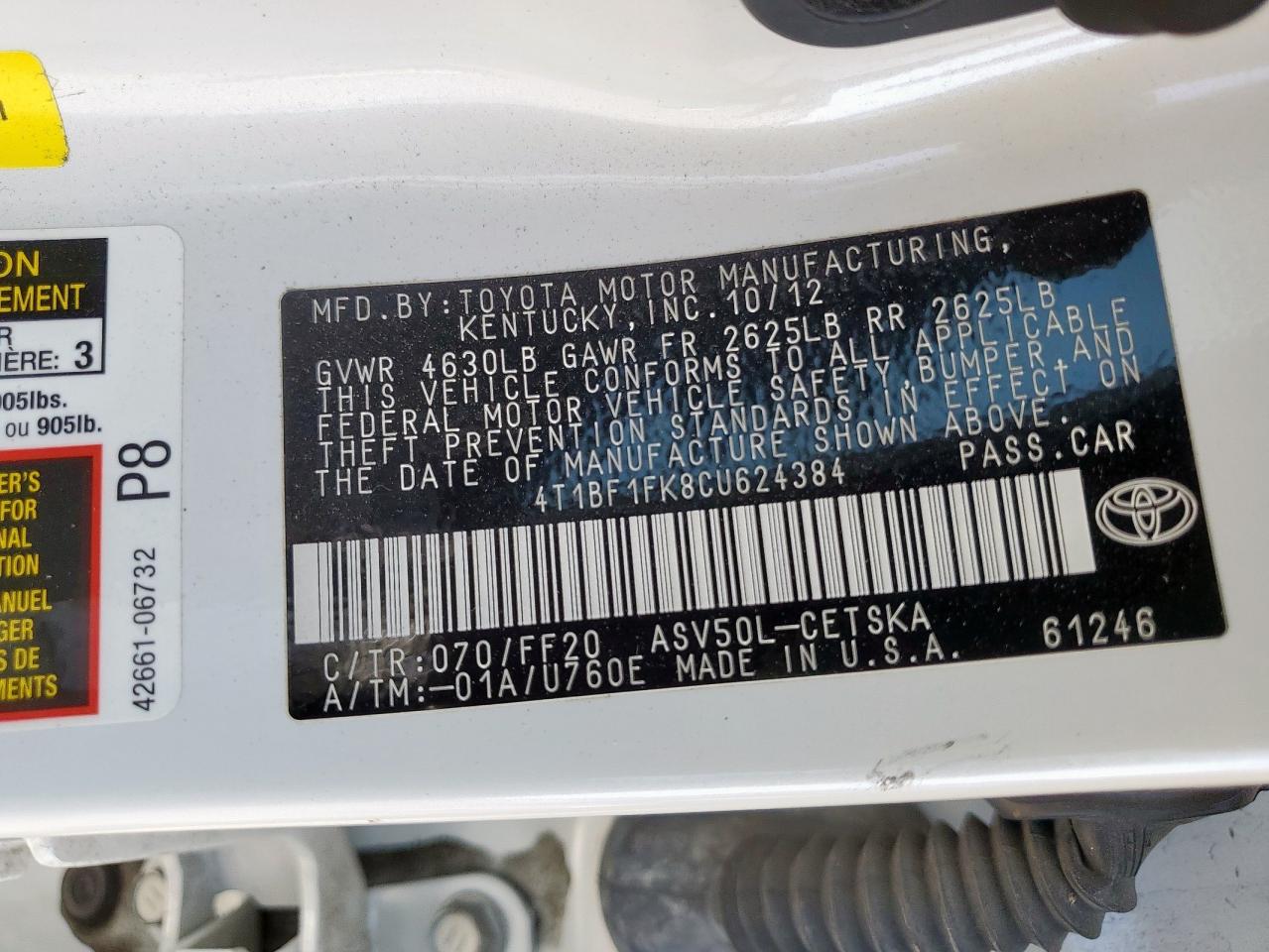 2012 Toyota Camry Base VIN: 4T1BF1FK8CU624384 Lot: 53509145