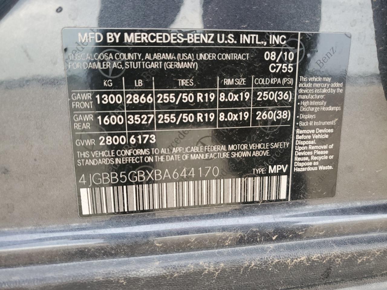 2011 Mercedes-Benz Ml 350 VIN: 4JGBB5GBXBA644170 Lot: 54991065
