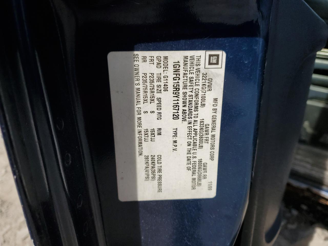 2000 Chevrolet Express G1500 VIN: 1GNFG15R9Y1167120 Lot: 55166005