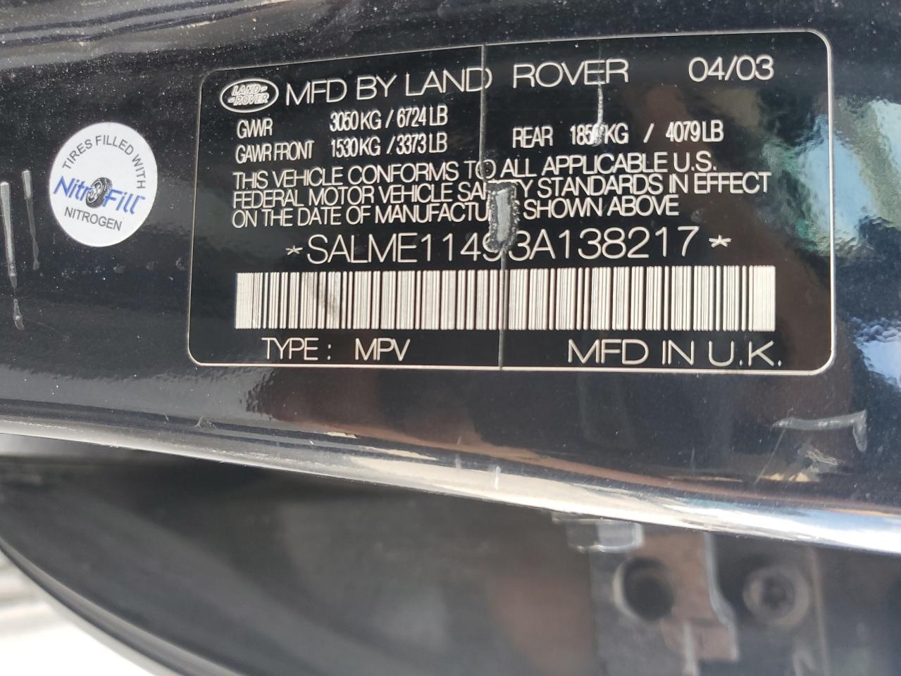 2003 Land Rover Range Rover Hse VIN: SALME11493A138217 Lot: 53349625