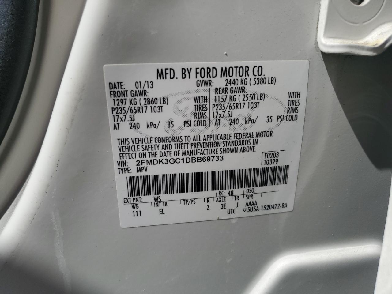 2013 Ford Edge Se VIN: 2FMDK3GC1DBB69733 Lot: 55237635