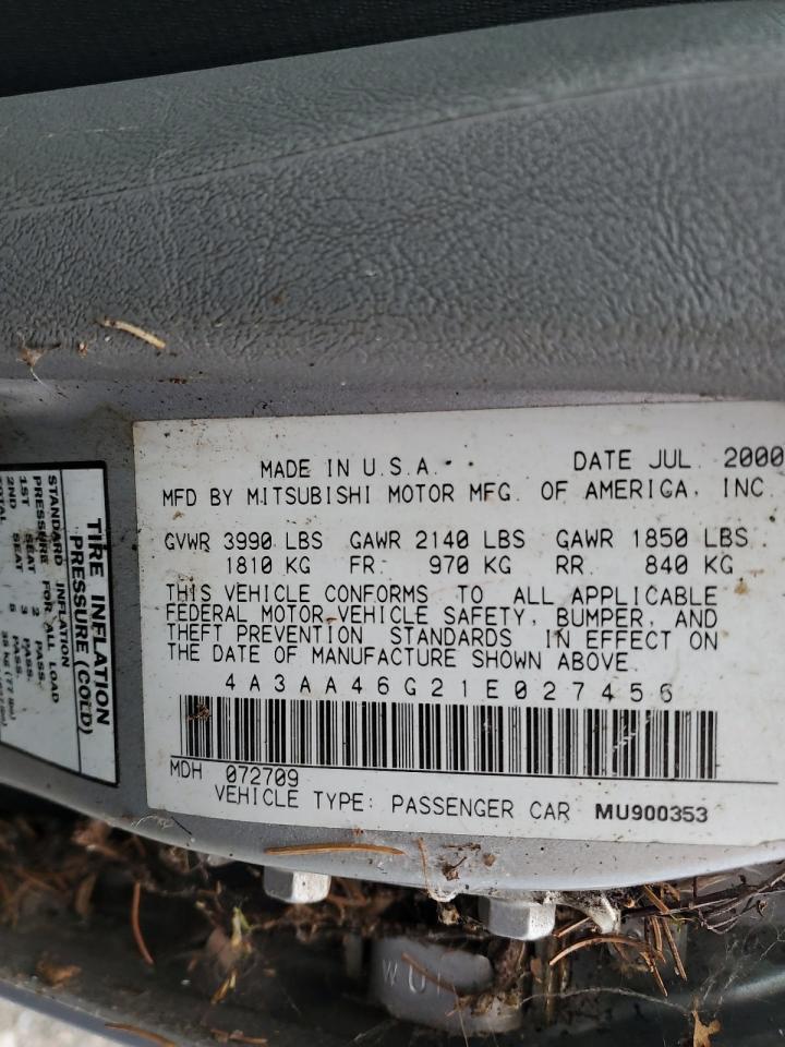 2001 Mitsubishi Galant Es VIN: 4A3AA46G21E027456 Lot: 54014735