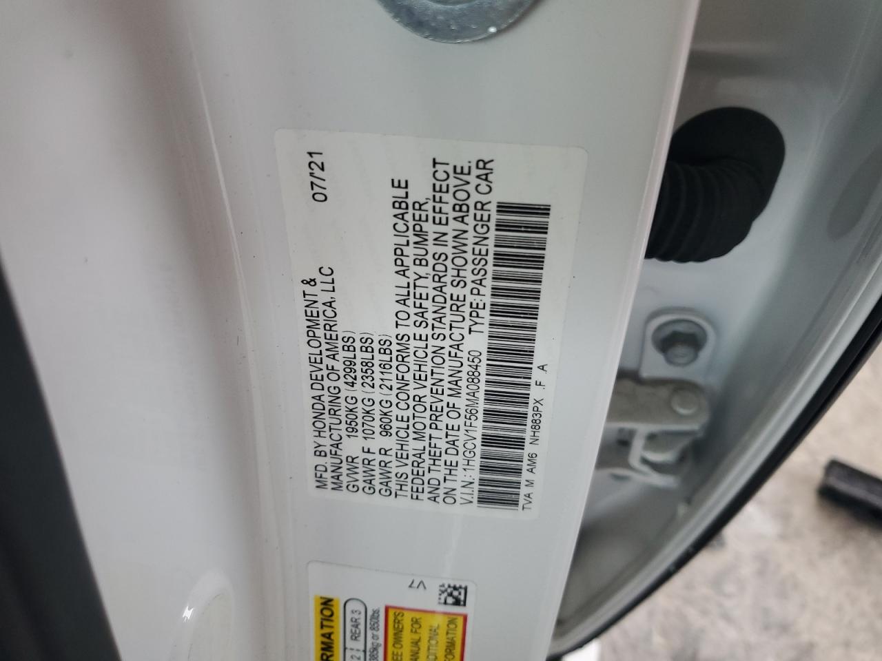 2021 Honda Accord Exl VIN: 1HGCV1F56MA088450 Lot: 54214095
