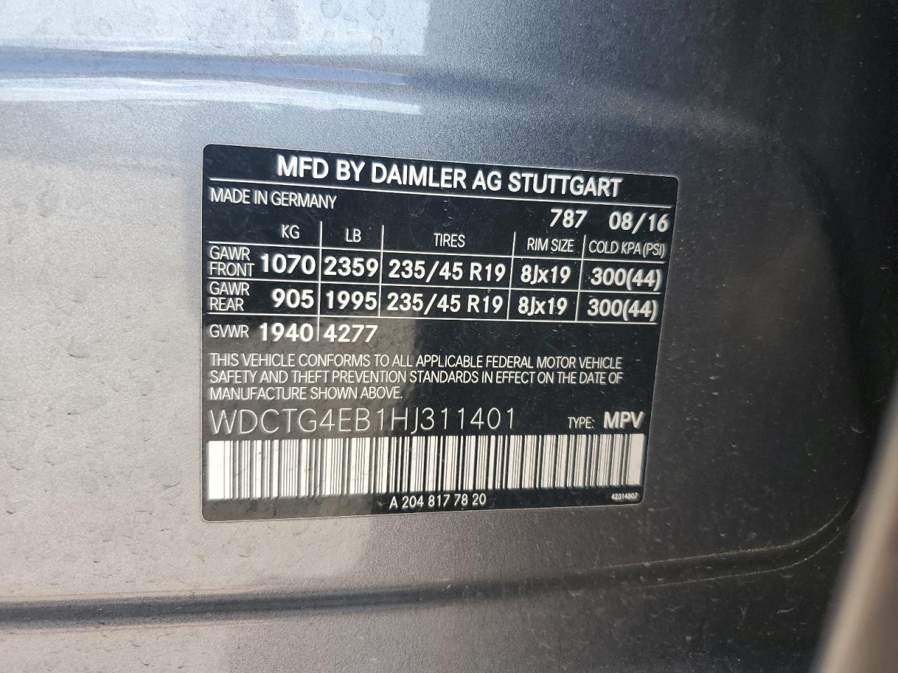 2017 Mercedes-Benz Gla 250 VIN: WDCTG4EB1HJ311401 Lot: 54213885
