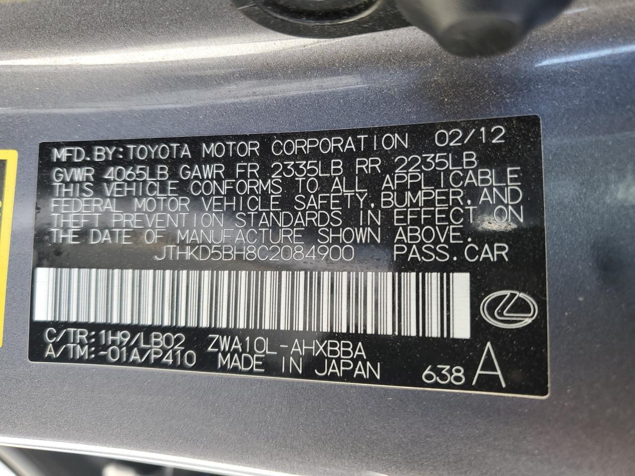 2012 Lexus Ct 200 VIN: JTHKD5BH8C2084900 Lot: 54052415